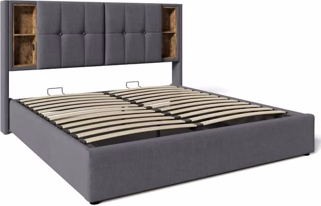 Letto matrimoniale 160×200 cm contenitore con ricarica wireless, USB e Type-C, materasso incluso, grigio