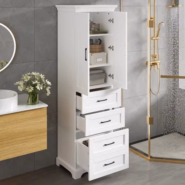Mobiletto Bagno ¨C Minimal ¨C Bianco MDF 3 Cassetti Armadietto 3 Ripiani Regolabili 57x38x180cm