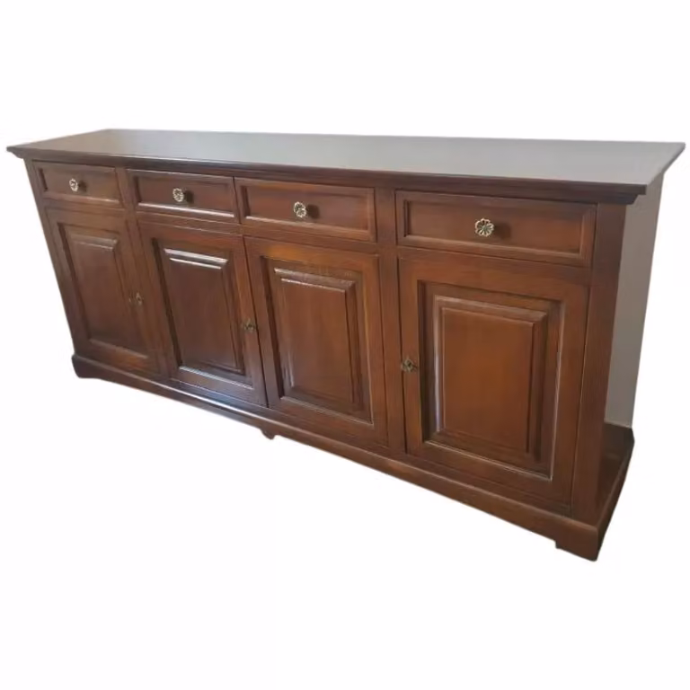Madia credenza classica a 4 porte in legno di pino color noce Mobili 2G L: 220 cm, P: 45 cm, H: 96 cm