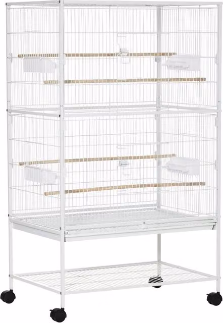 Gabbia per Uccelli da Interni 78x52x132 cm con Vassoio Estraibile 4 Ruote e Trespolo Bianco