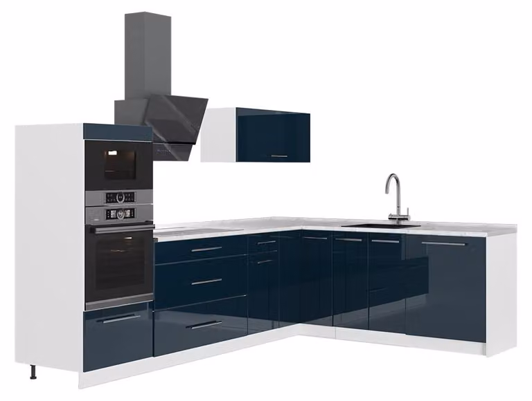 Cucina angolare completa Vicco Fame-Line Blu scuro lucido/Bianco 287 x 207 cm, PL Marmo, Model 63540