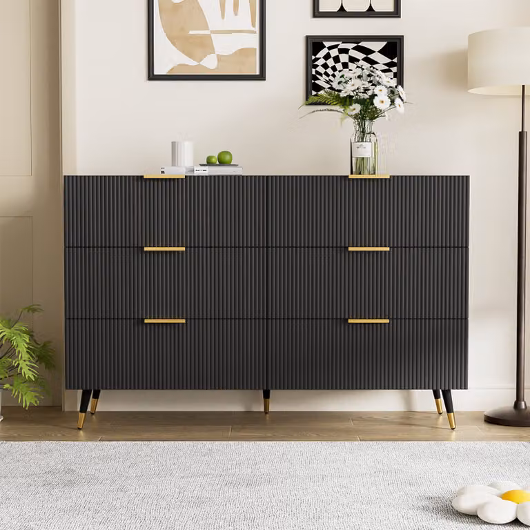 Cassettiera Merax con maniglie dorate e gambe in metallo, credenza con 6 cassetti, mobile contenitore dal design moderno, 120x77x40cm, nero