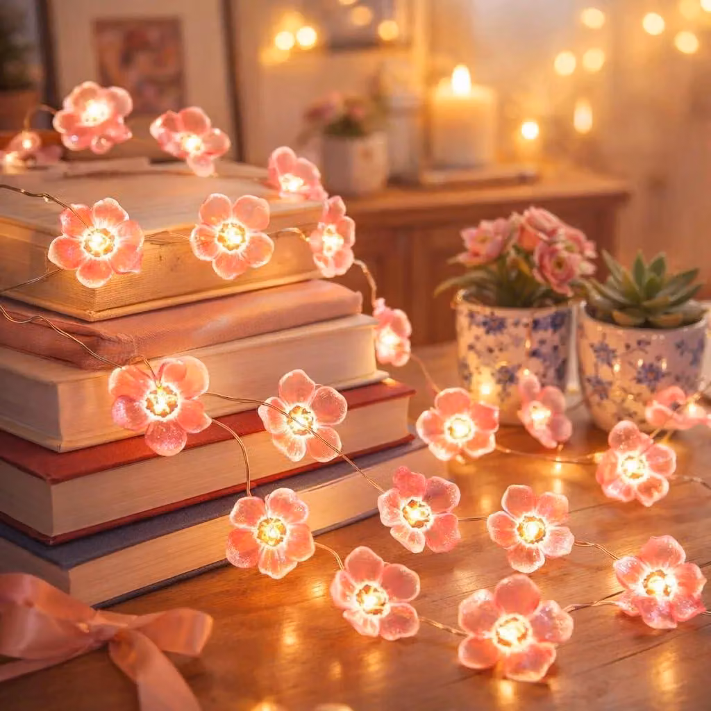 Catena luminosa da 3 metri, con 30 LED, color rosa, luce bianco caldo, filo di rame