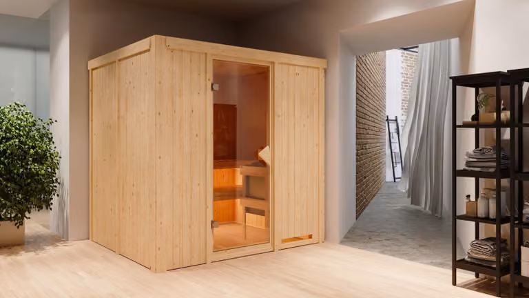 Sauna Sodin: senza cornice luminosa sul soffitto: in legno naturale: stufa da 9 kW con centralina integrata: porta in vetro interamente bronzato. Colore: legno naturale. Cornice luminosa sul soffitto: assente. Stufa della sauna: 9 kW, con centralina integ