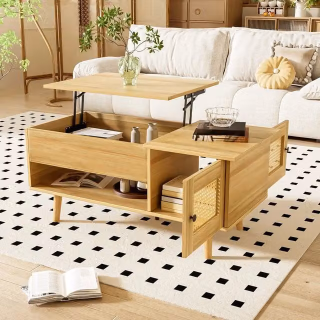 Tavolino da Salotto Minimal con Piano Alzabile e Ante in Rattan, Legno e Nero