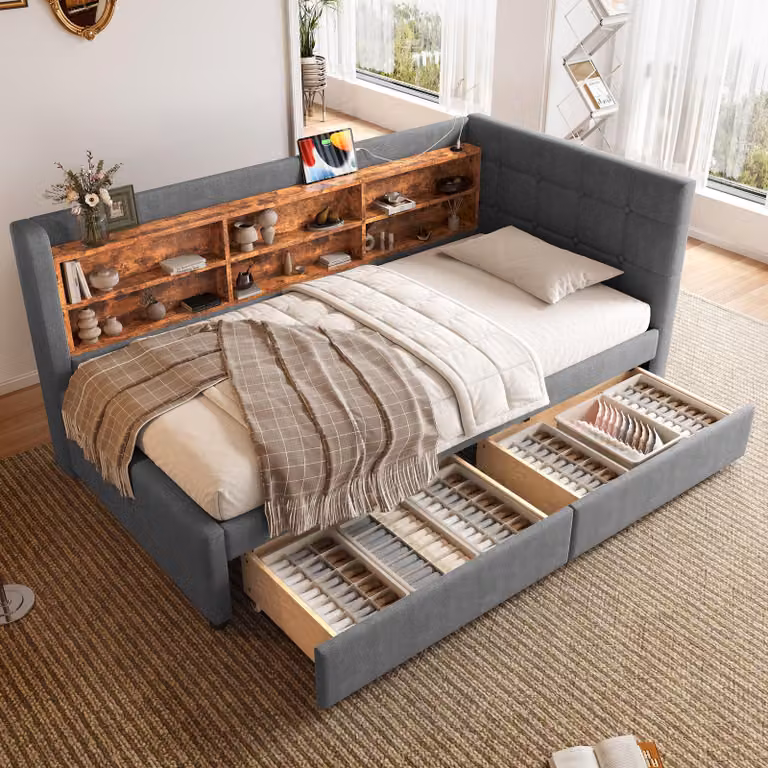 STILVORA daybed 90x200 letto per ragazzi senza materasso, con 2 cassetti, daybed con USB+Type-C, divano letto con diversi scomparti, grigio
