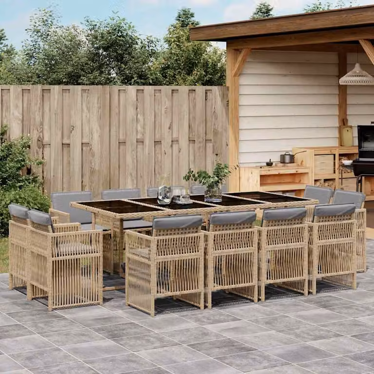 Set Pranzo da Giardino vidaXL 13 pz in Polyrattan con Cuscini Beige e Piano in Vetro
