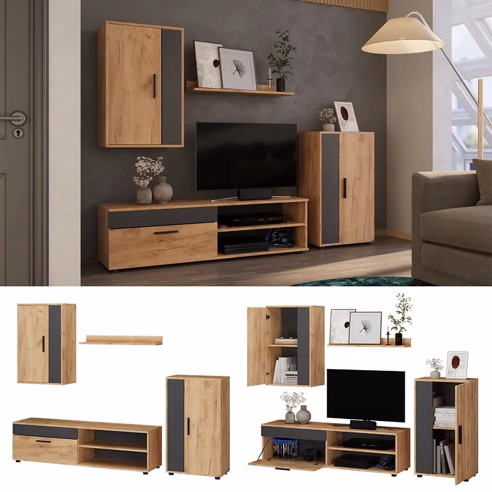 Parete attrezzata Vicco Berno in rovere dorato con lowboard e pensili, set di 4 parti per soggiorno moderno – 2