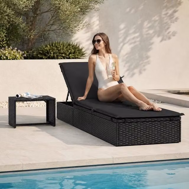 Sun Lounger (1 Pc.) With Table, Black Poly Rattan