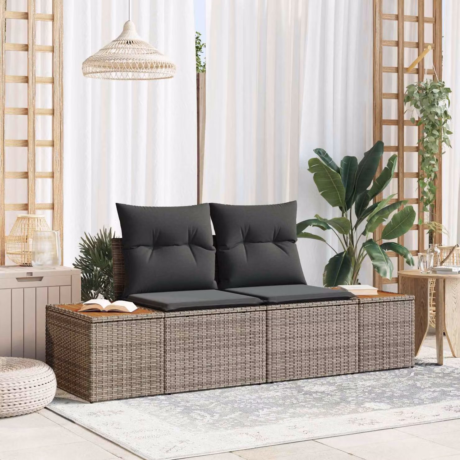 Divano da giardino vidaXL in polyrattan grigio con cuscini, L: 184 cm, P: 62 cm, H: 85 cm
