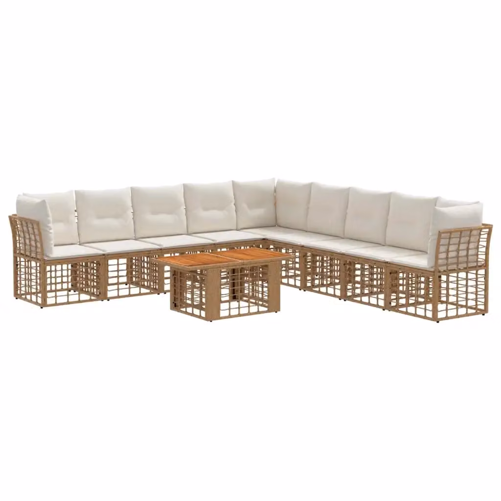 Set Divano da Giardino 10 Pezzi vidaXL in Polyrattan con Tavolino e Cuscini, Colore Naturale e Bianco Crema – 2