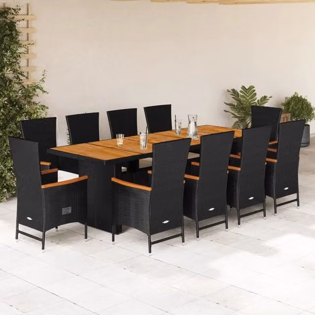 Set da pranzo da giardino vidaXL in legno di acacia oliato e polyrattan nero e bianco composto da 11 pezzi