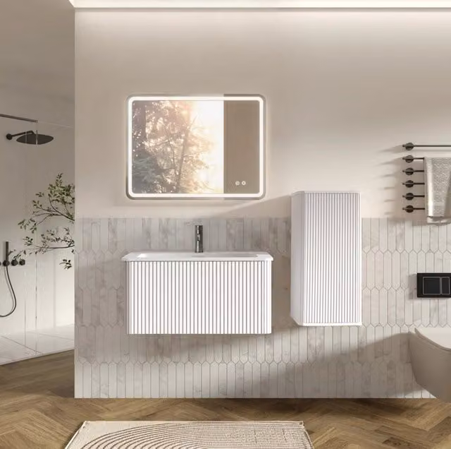 Set Mobili da Bagno Sospeso 60cm con Lavabo in Pietra Acrilica, Specchio LED Regolabile e Mobile Laterale Bianco