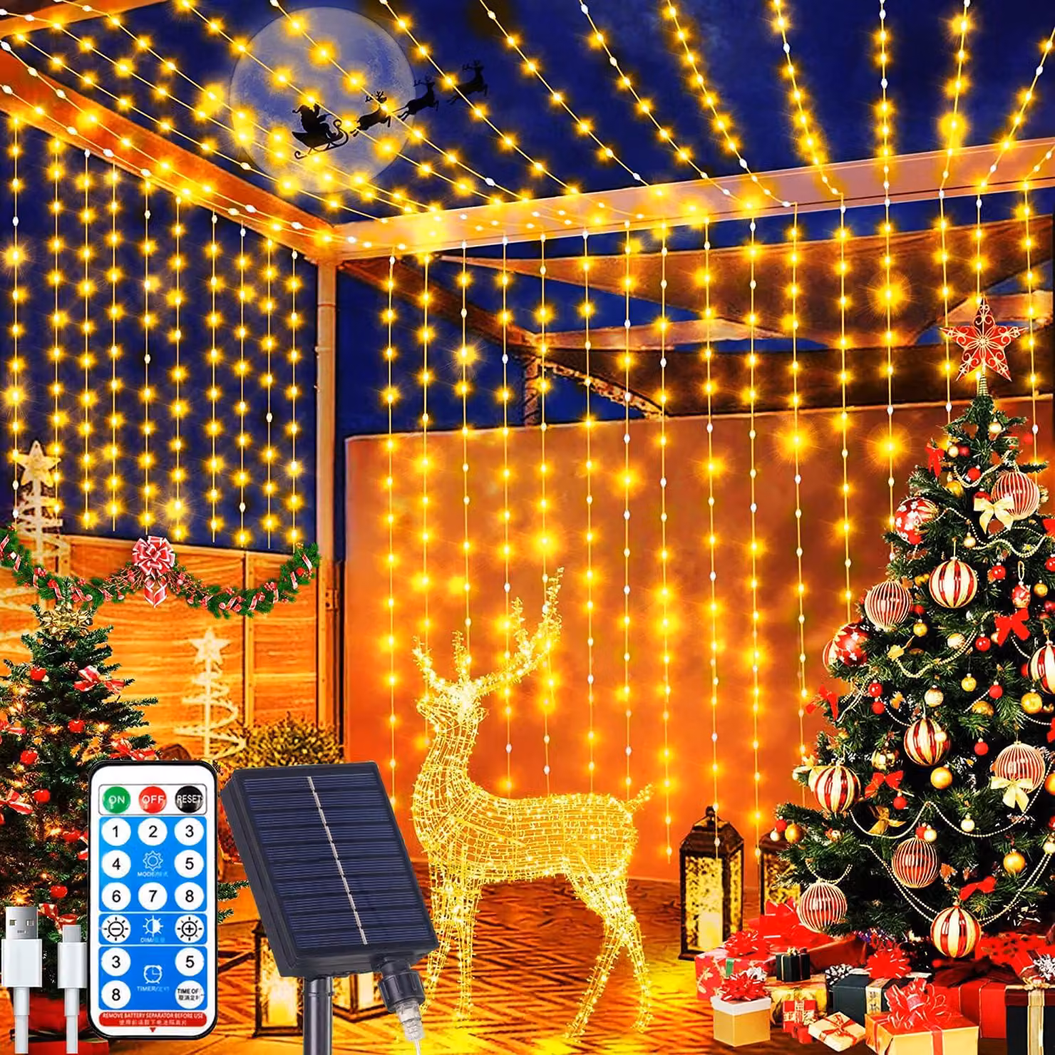 Tenda luminosa, dimensioni 3x3 metri, 300 LED, alimentazione solare e USB, 8 modalità, grado di protezione IP65