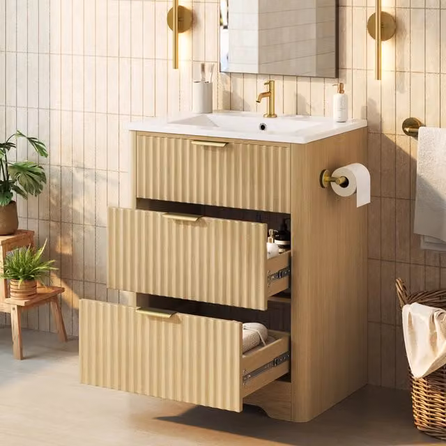 Mobile lavabo sospeso 61 cm effetto legno con lavandino in ceramica, cassetti portaoggetti, portarotolo bidirezionale e maniglie oro. Rubinetto non incluso