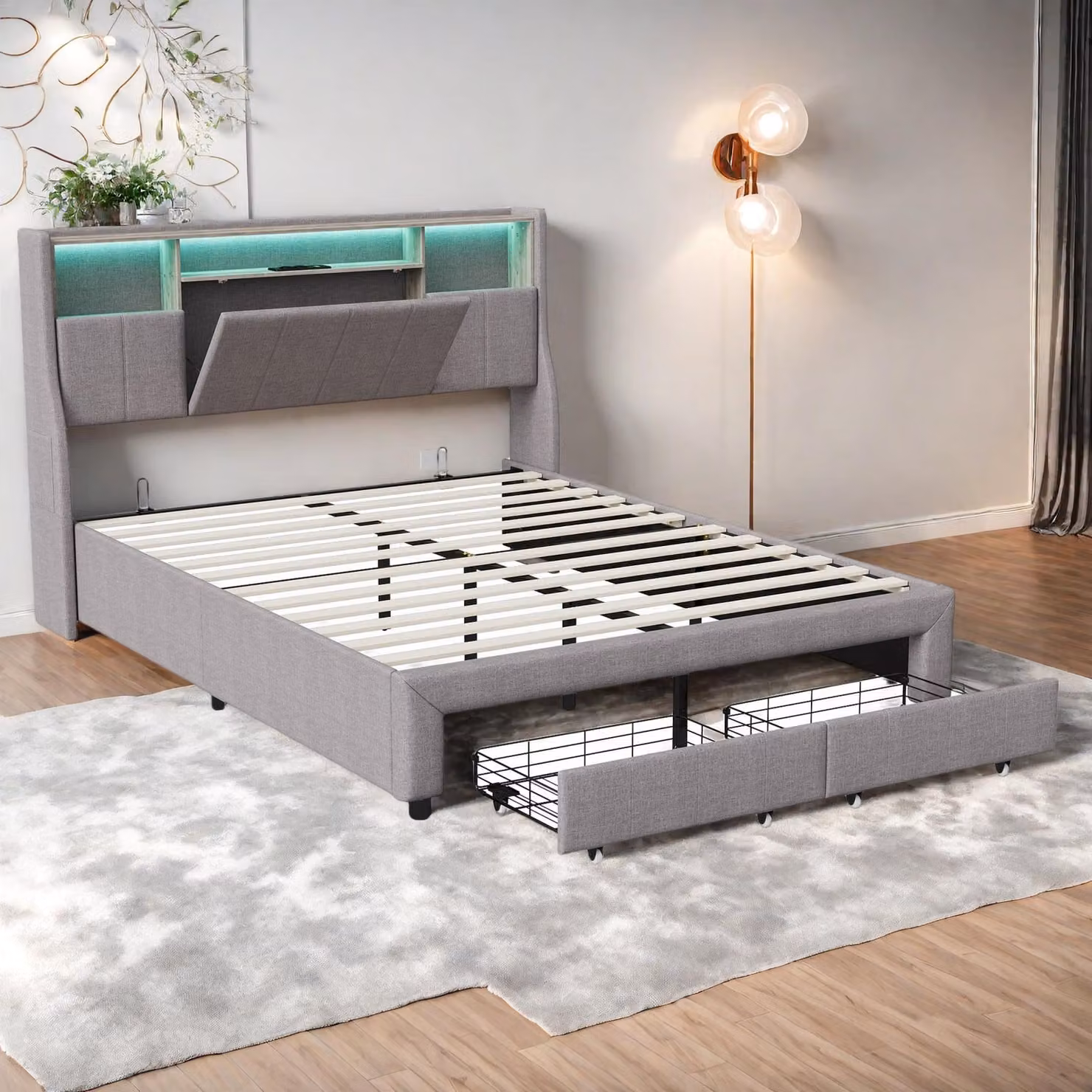 Letto imbottito Fortuna Lai 160x200 cm, testata con contenitore e tasca laterale, ricarica USB, LED, lino, grigio