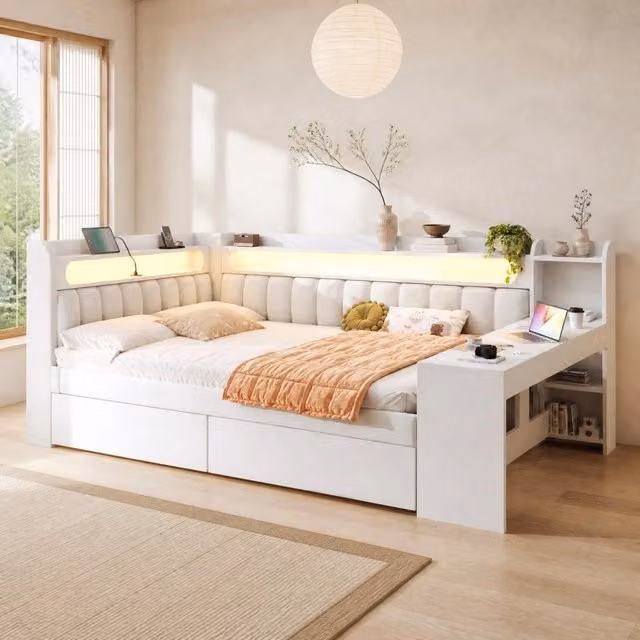 Letto daybed imbottito 140x200 cm con scrivania, LED, USB e 2 cassetti bianco HAVRYA