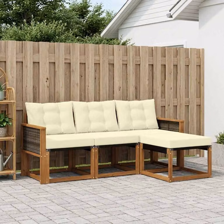 Set di divani da esterno vidaXL a forma di L composto da 4 pezzi in legno di acacia con cuscini in tessuto textilene, colori beige e marrone