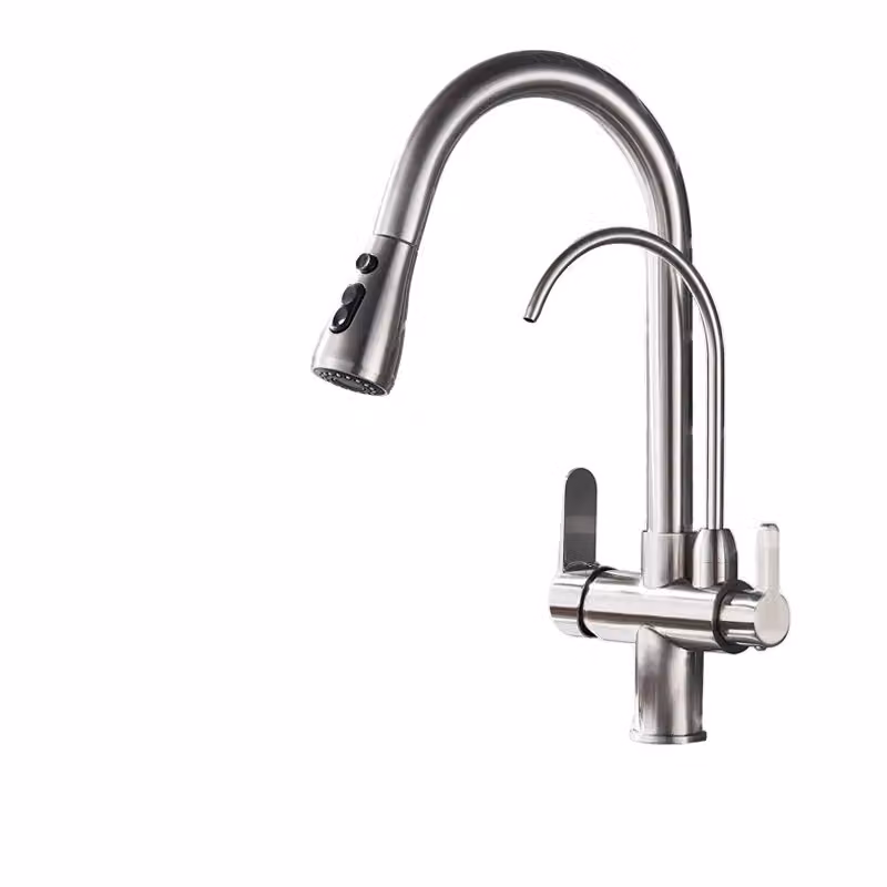 Rubinetto da cucina filtrato, acqua fredda e calda, funzione spray estraibile, nichel spazzolato