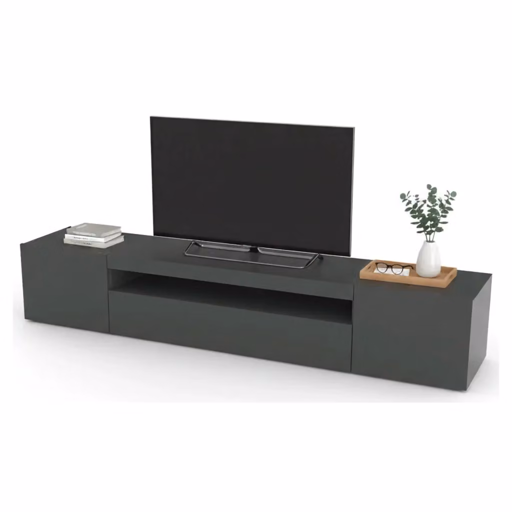 Mobile da soggiorno Porta Amore DMORA, design minimalista con 3 ante e ripiani, Antracite lucido, L: 200 cm, P: 40 cm, H: 37 cm – 2