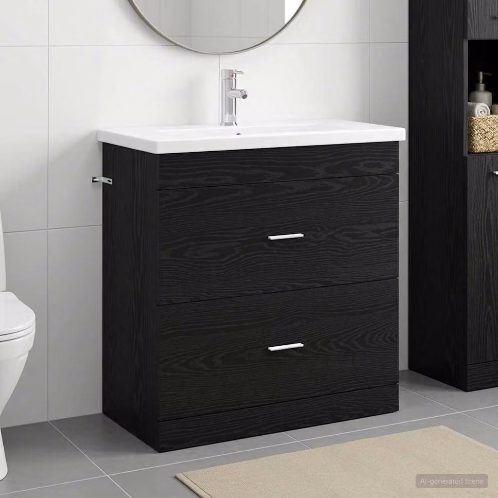 Set di mobili per il bagno moderno vidaXL in legno Rovere e Nero, L: 81 cm, P: 40 cm, H: 84,5 cm