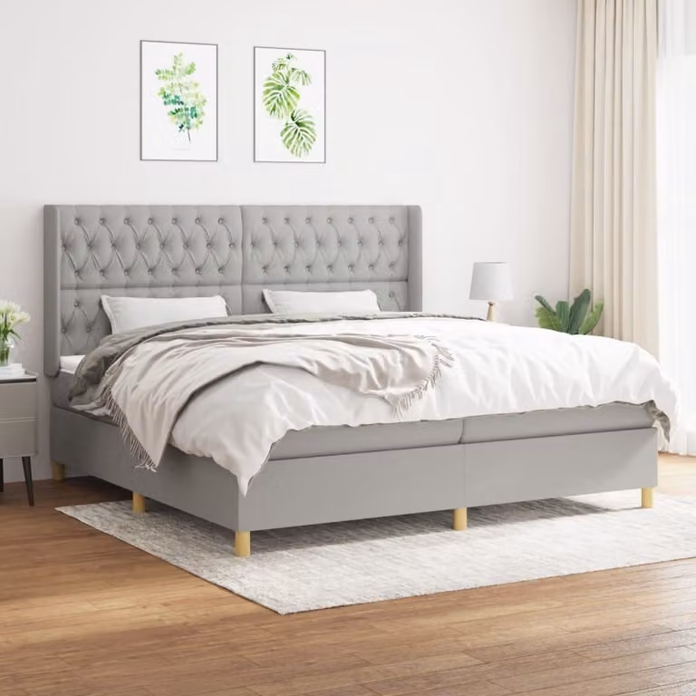 The Living Store Letto a molle con materasso grigio chiaro 200x200 cm in tessuto