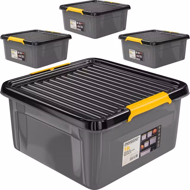 Set di 4 contenitori portaoggetti Monzana in plastica grigio antracite e giallo, impilabili e con coperchio, L/P/H: 39 x 39 x 16 cm