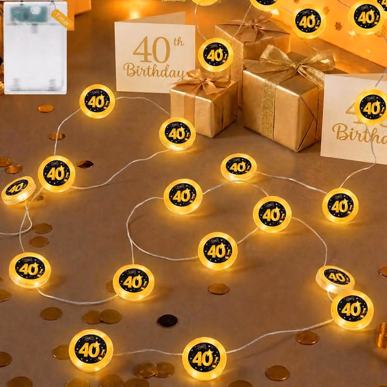 Catena luminosa per il 40° compleanno, 2m, 20 LED, nero e oro, con timer
