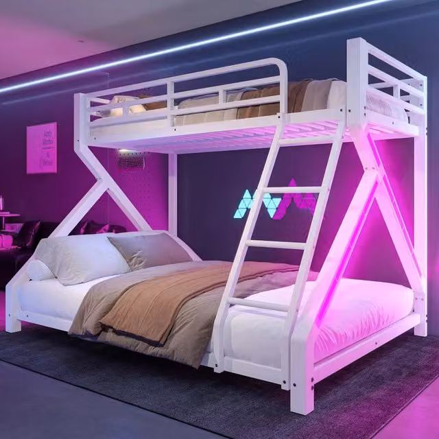 Letto a castello in metallo bianco con LED; 90 x 200 cm e 140 x 200 cm