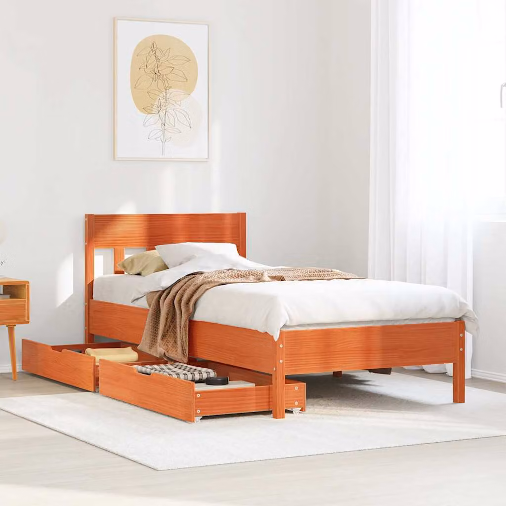 Letto in legno di pino massiccio vidaXL color marrone cera con cassetti L/P/H: 100 x 200 x 105,5 cm