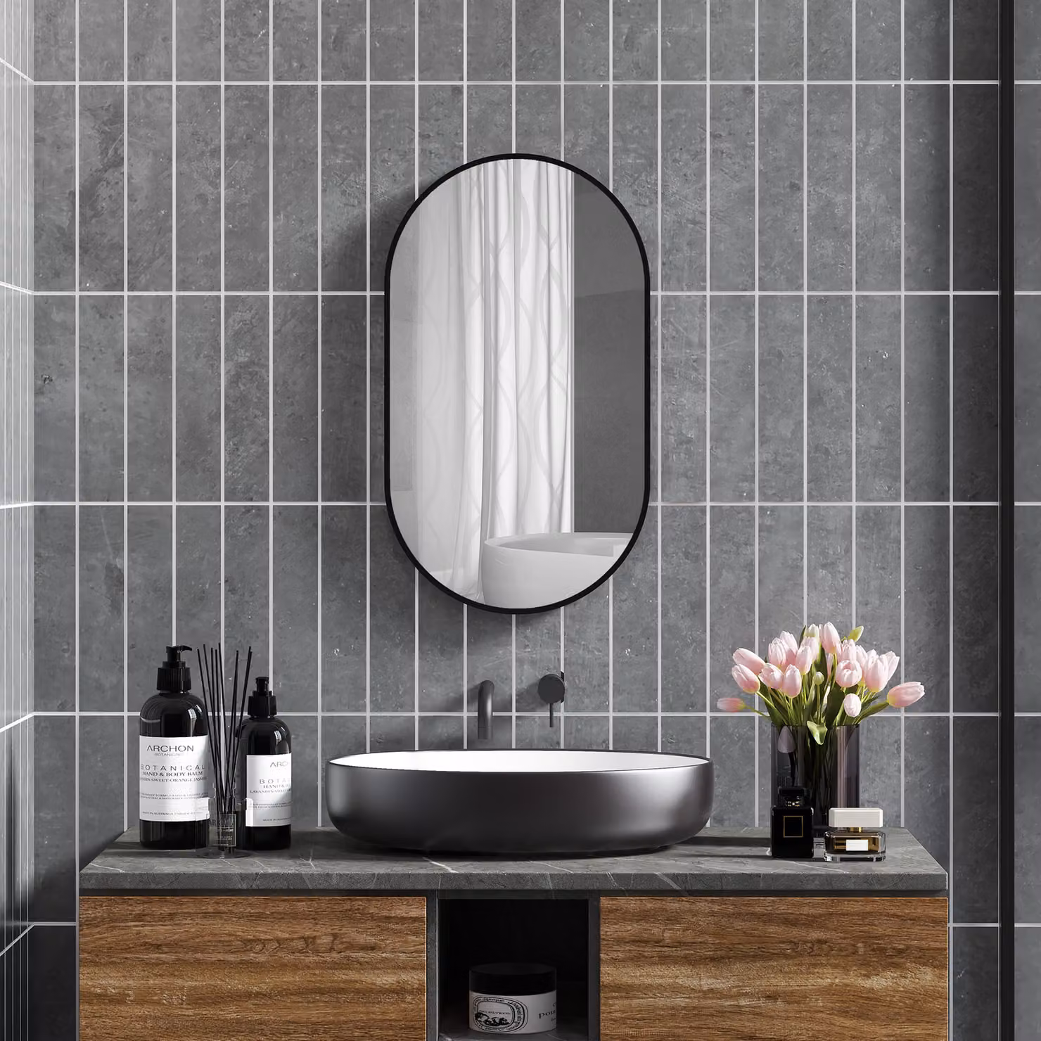 Specchio da bagno ovale HOMCOM con cornice in alluminio nero, installazione verticale o orizzontale, L: 40 cm, H: 70 cm – 2