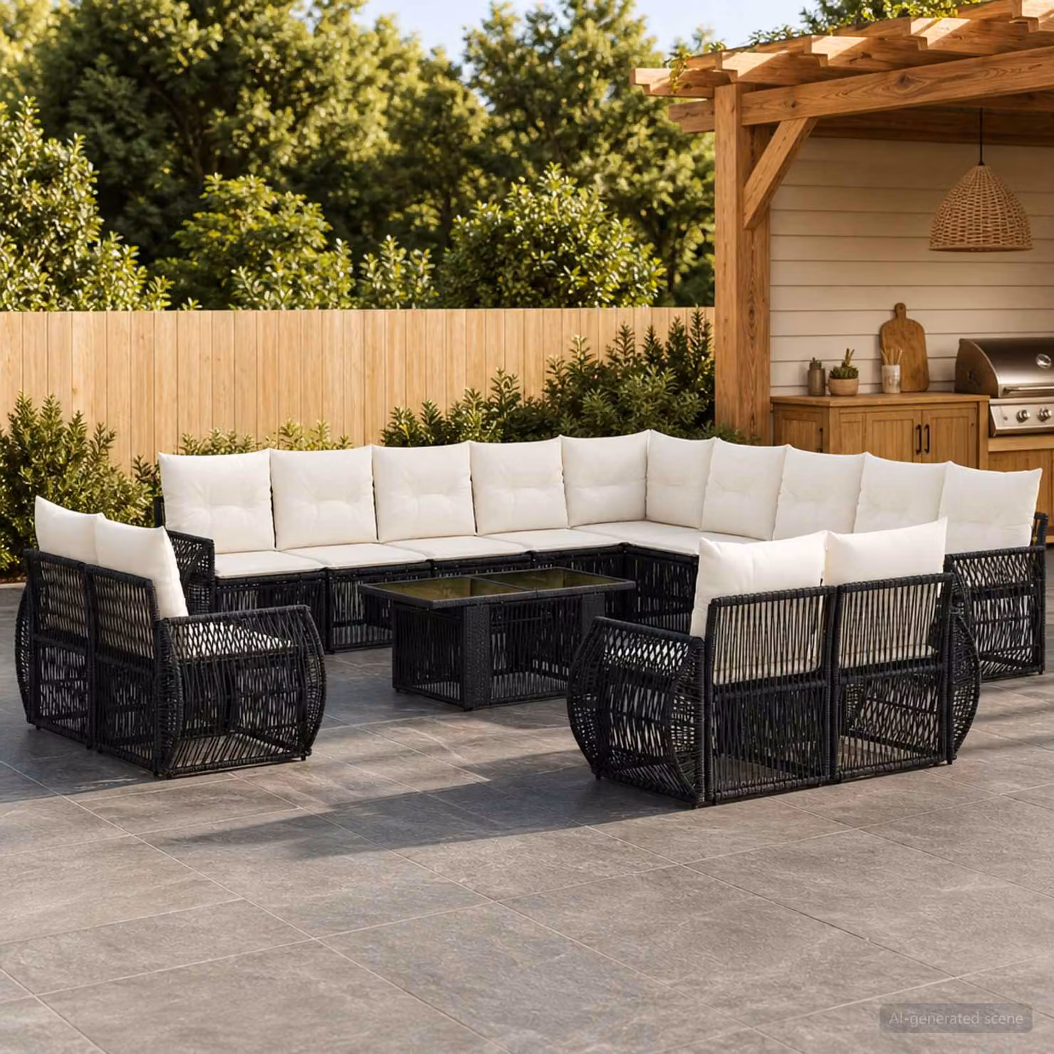 Set Divano da Giardino vidaXL 14 pz in Polyrattan Moderno con Cuscini, Tavolino e Elementi Angolari, Colore Nero, Bianco e Beige