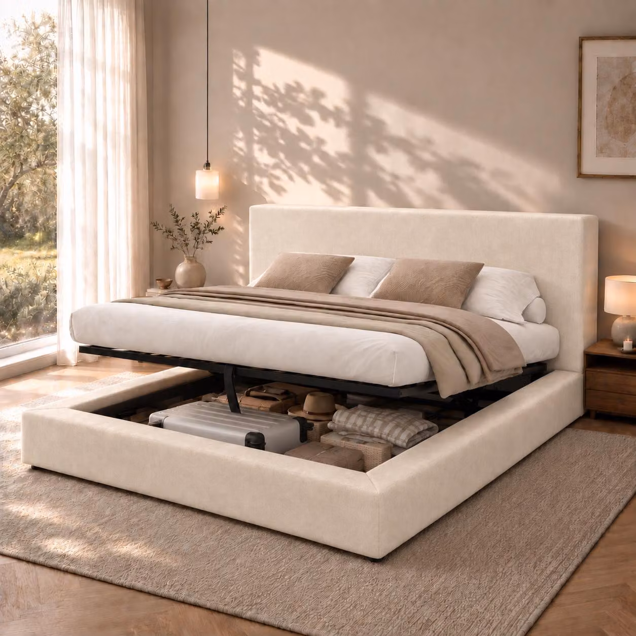 Letto imbottito 180 x 200 cm con spazio contenitore a sollevamento idraulico, rete a doghe e testiera imbottita, letto matrimoniale in chenille, capacità fino a 300 kg, color beige
