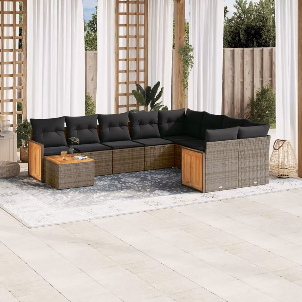 vidaXL Set Divano da Giardino 10 pz in Polyrattan Grigio con Cuscini e Tavolino da Esterno a Forma di L