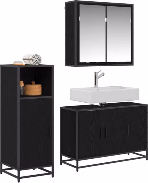 Set di mobili da bagno minimalista composto da mobile lavabo, armadio a specchio con illuminazione LED e pensile, finitura legno rovere nero opaco, sospesi