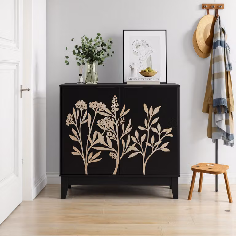 Armadio a colonna ovoid con ripiani regolabili, mobiletto per l'ingresso con design della porta a intaglio, stile vintage, colore nero