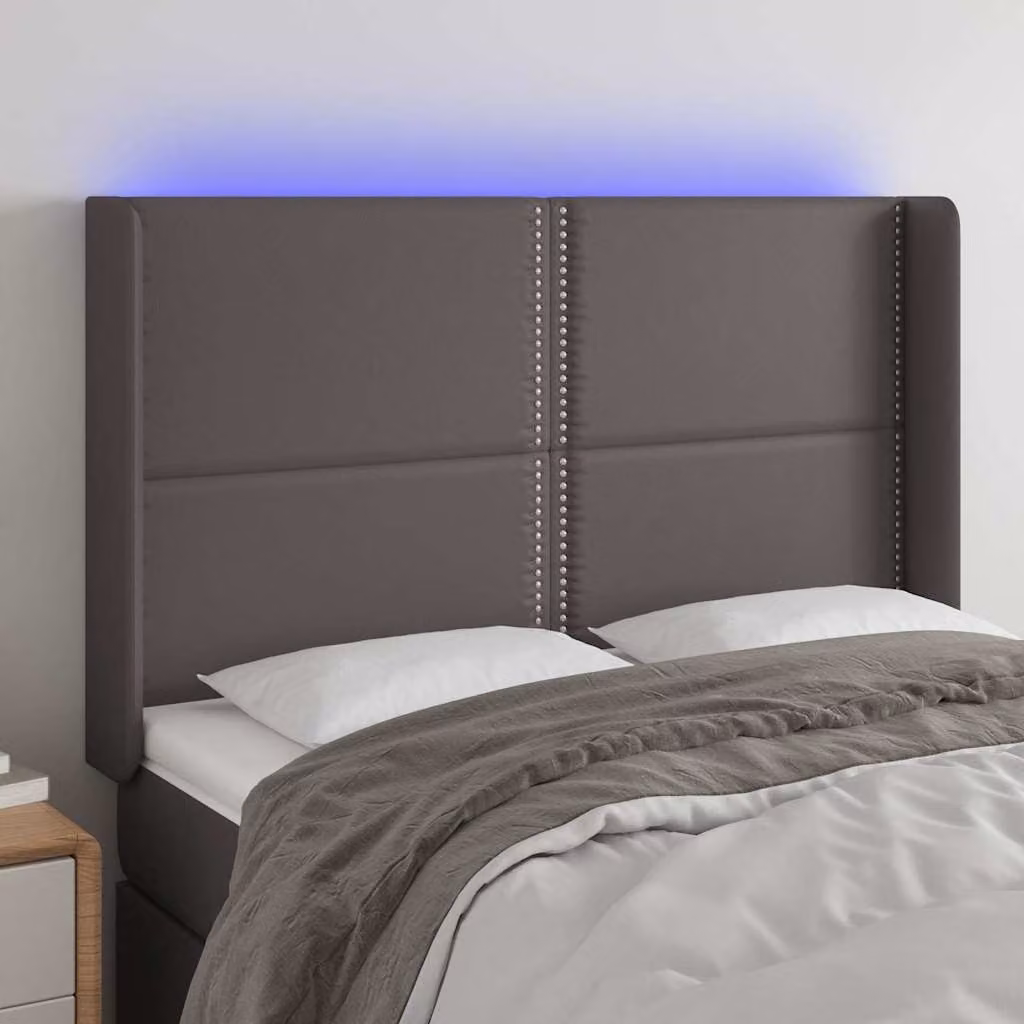 Testiera per letto con illuminazione LED e porta di ricarica USB vidaXL in similpelle grigia, L: 147 cm, P: 16 cm, H: 118-128 cm