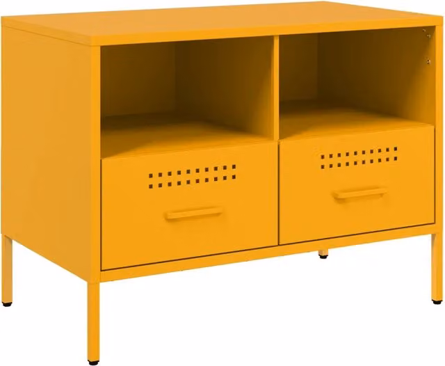 Mobile TV in acciaio in stile industrial giallo, L 68 cm x P 39 cm x H 50,5 cm