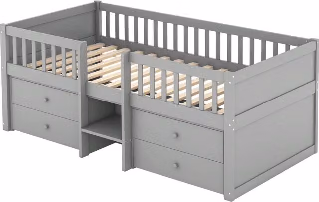 Letto a soppalco singolo Chicfurn in legno e MDF grigio con 4 cassetti e scala, L/P/H: 204.0 x 90 x 120.0 cm