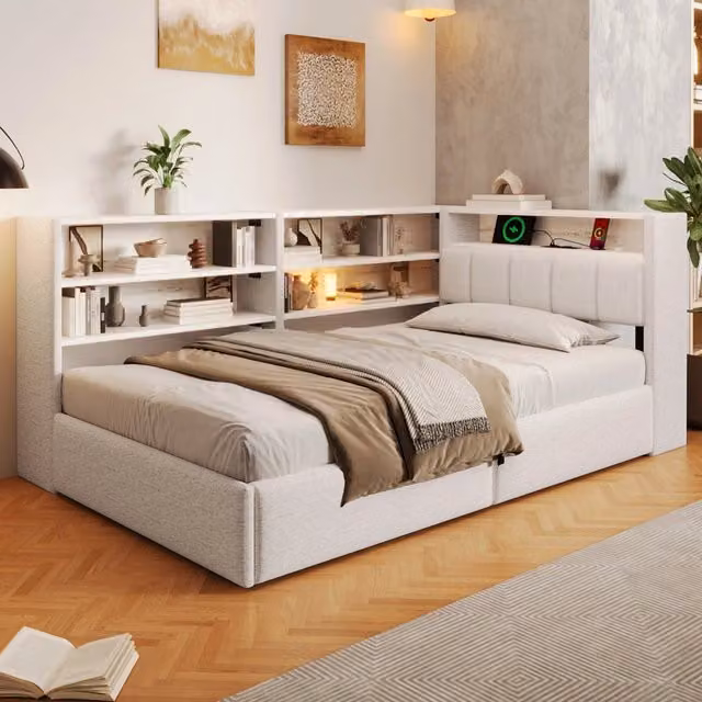 Letto da banco 90 x 200 cm; sollevatore idraulico; presa di corrente; deposito laterale reversibile; porta USB; striscia LED; velluto; bianco