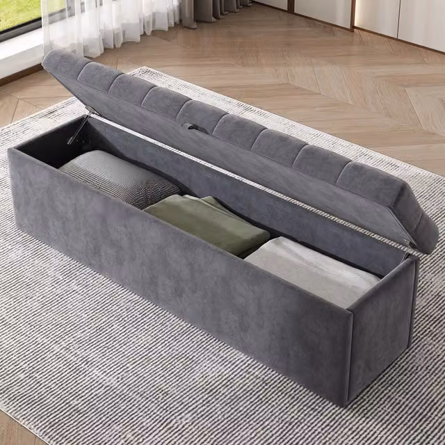 Panca Contenitore Imbottita in Velluto MINIMAL Grigio L: 138 cm, P: 41 cm, H: 42 cm
