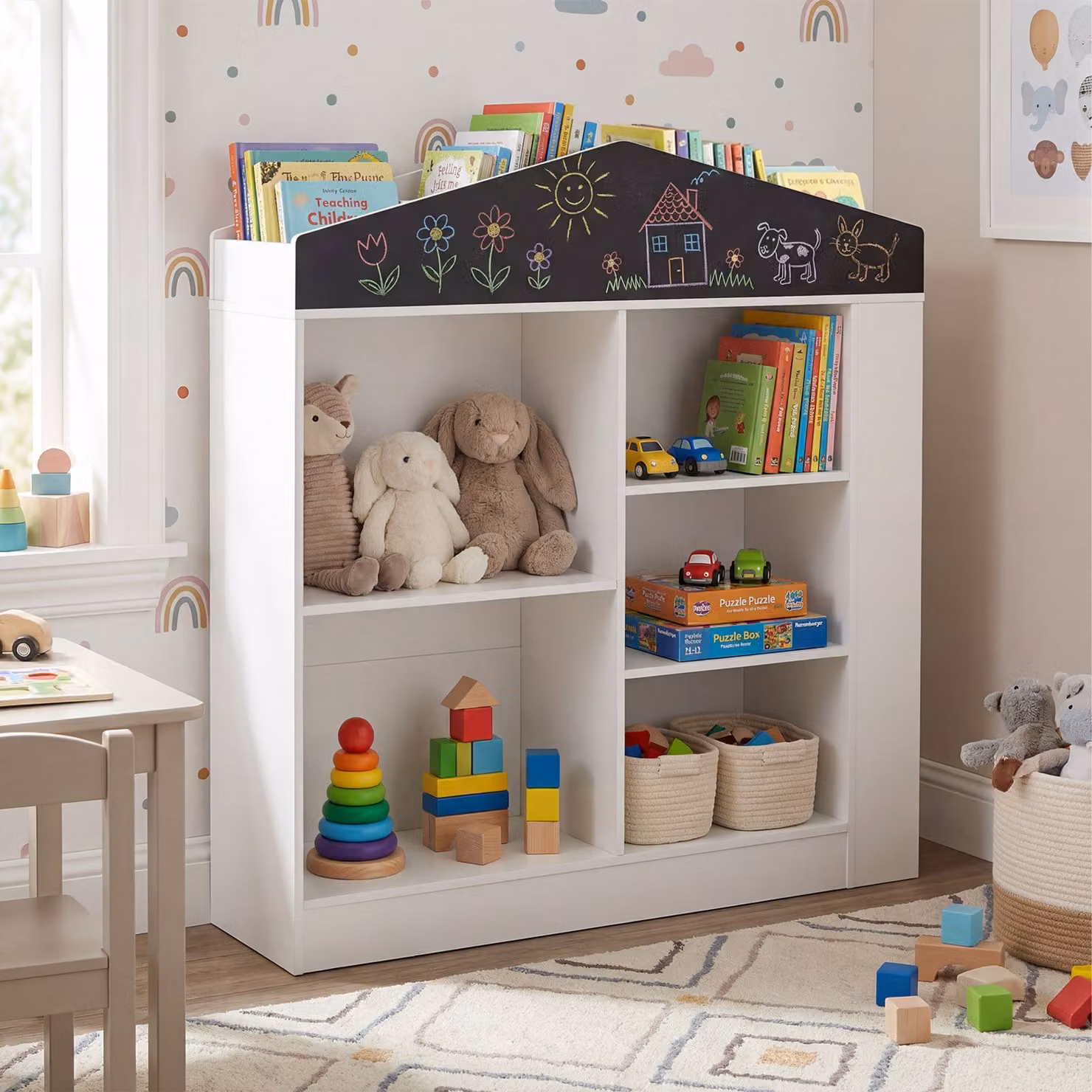Scaffale portagiochi Costway per bambini con 11 scomparti e lavagna, libreria in legno per cameretta, Bianco, L: 94 cm, P: 30 cm, H: 102 cm
