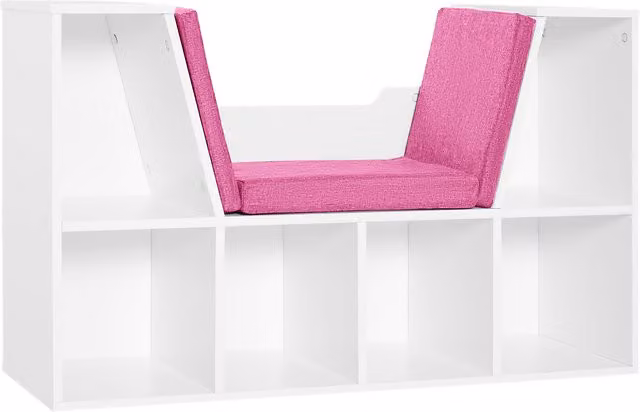 Libreria Panca 2 in 1 HOMCOM con 6 scomparti e 3 cuscini, Design Contemporaneo per Cameretta Bambini, Bianco Rosa, L 102 x P 30 x H 61 cm – 1