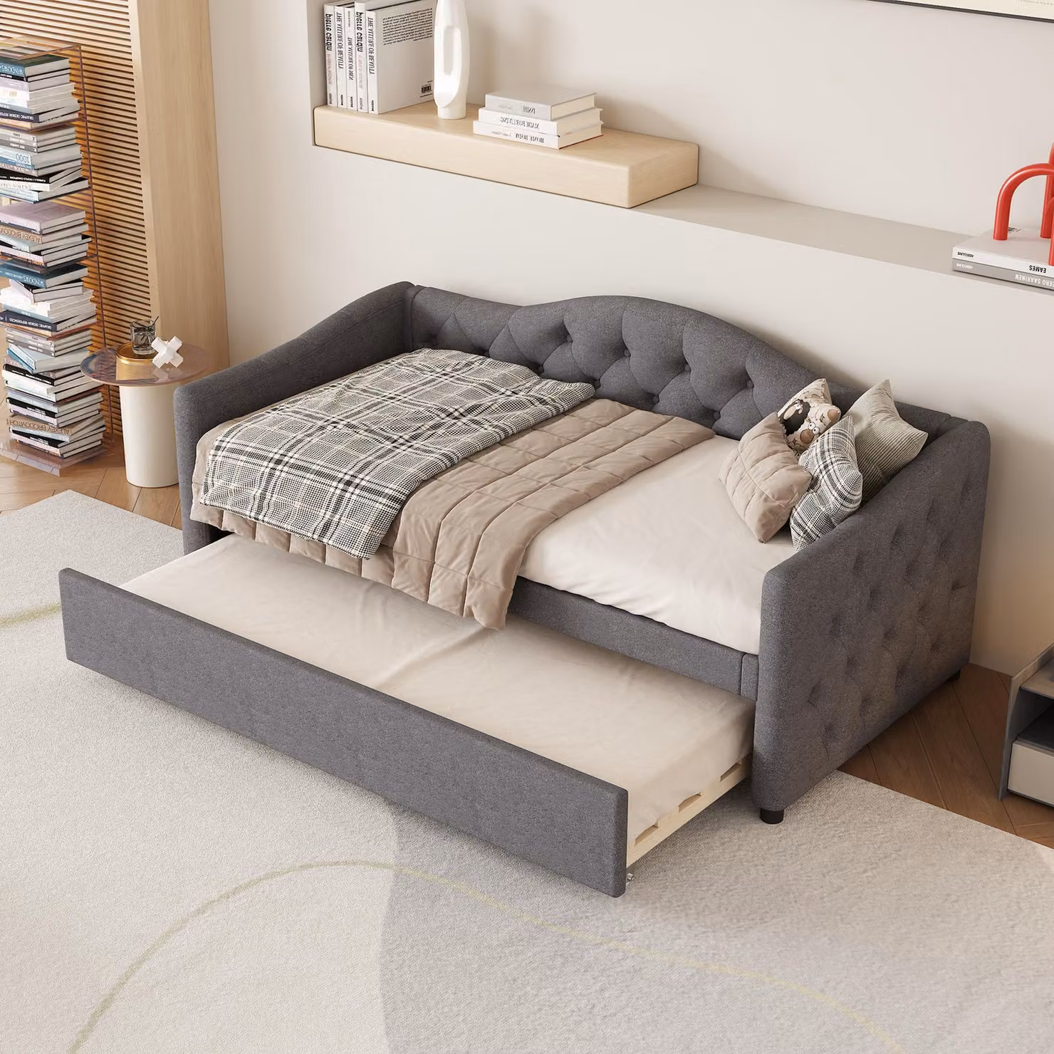 Flieks divano letto imbottito 90x200cm con sottolavello, letto giovanile letto singolo con rete a doghe, divano letto classico, lino, grigio