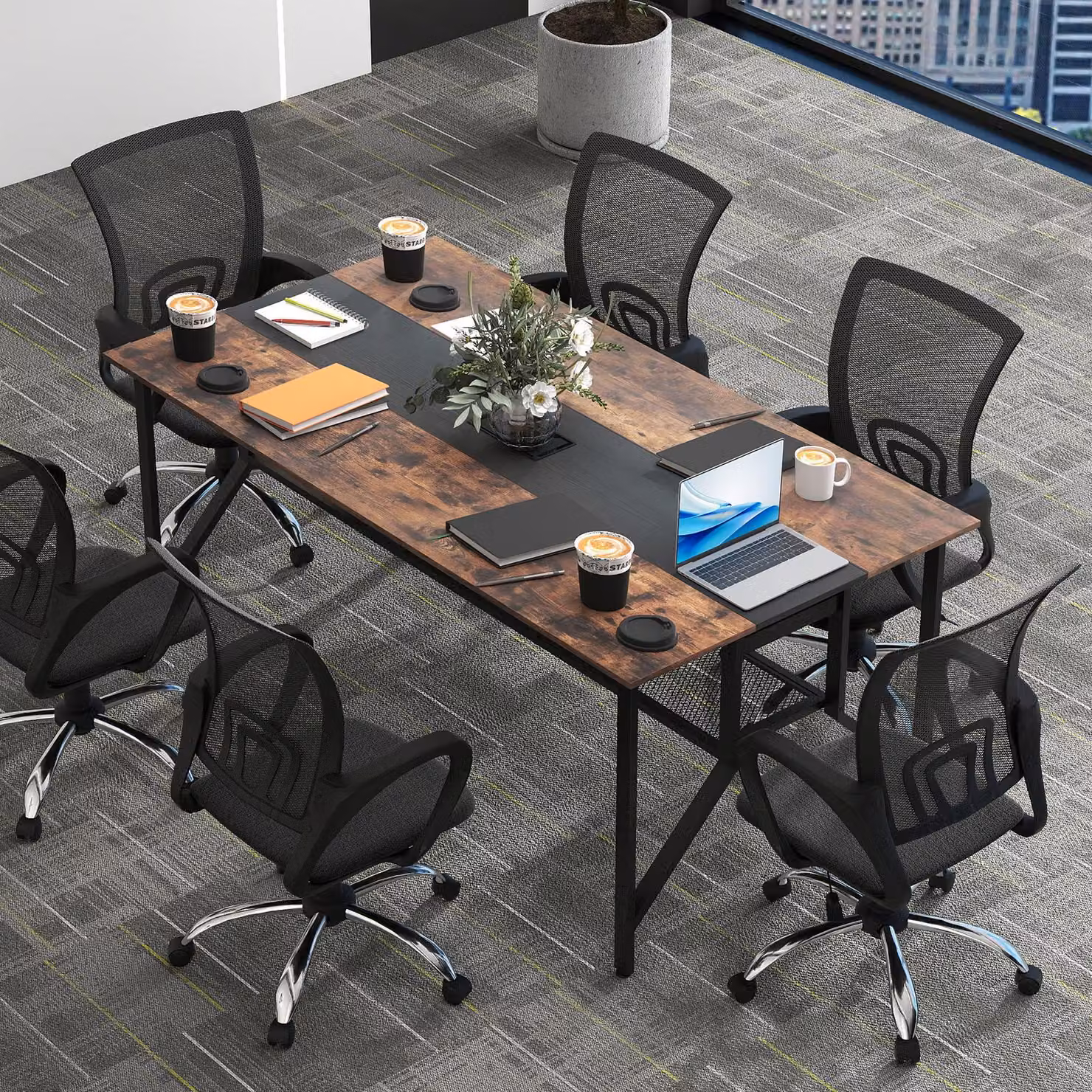 COSTWAY Grande tavolo da conferenza, tavolo rettangolare con ripiano in rete e passaggio cavi per 6-8 persone, 180x 96x76 cm (Modello 1)