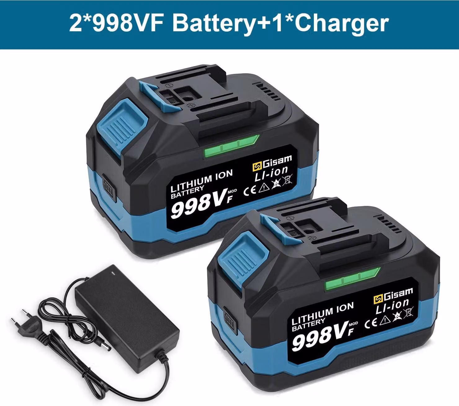 Batteria per utensili elettrici senza fili - Modello 988VF - 18V Li-Ion - 2 batterie + 1 caricabatterie - Adatta per trapani, avvitatori a percussione, cacciaviti - Colore: verde