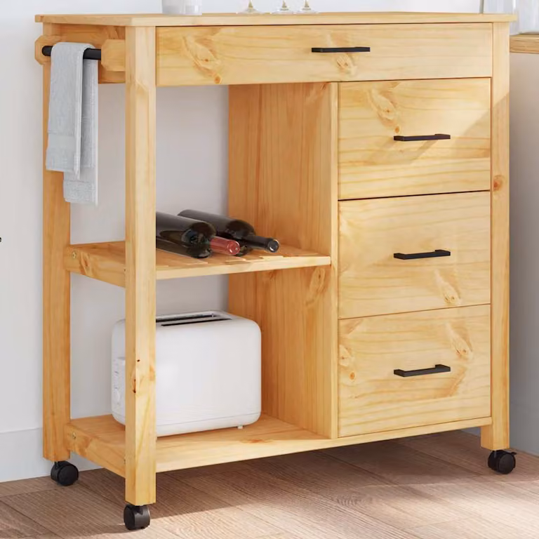 vidaXL Carrello da Cucina MONZA in Legno Massello di Pino, Colore Marrone Ambra Cera, L 84 cm x P 40 cm x H 88,5 cm