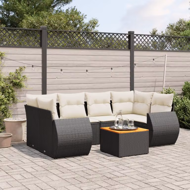 Set di Divani da Giardino a Forma di L vidaXL in Polyrattan Nero con 7 Cuscini e Tavolino