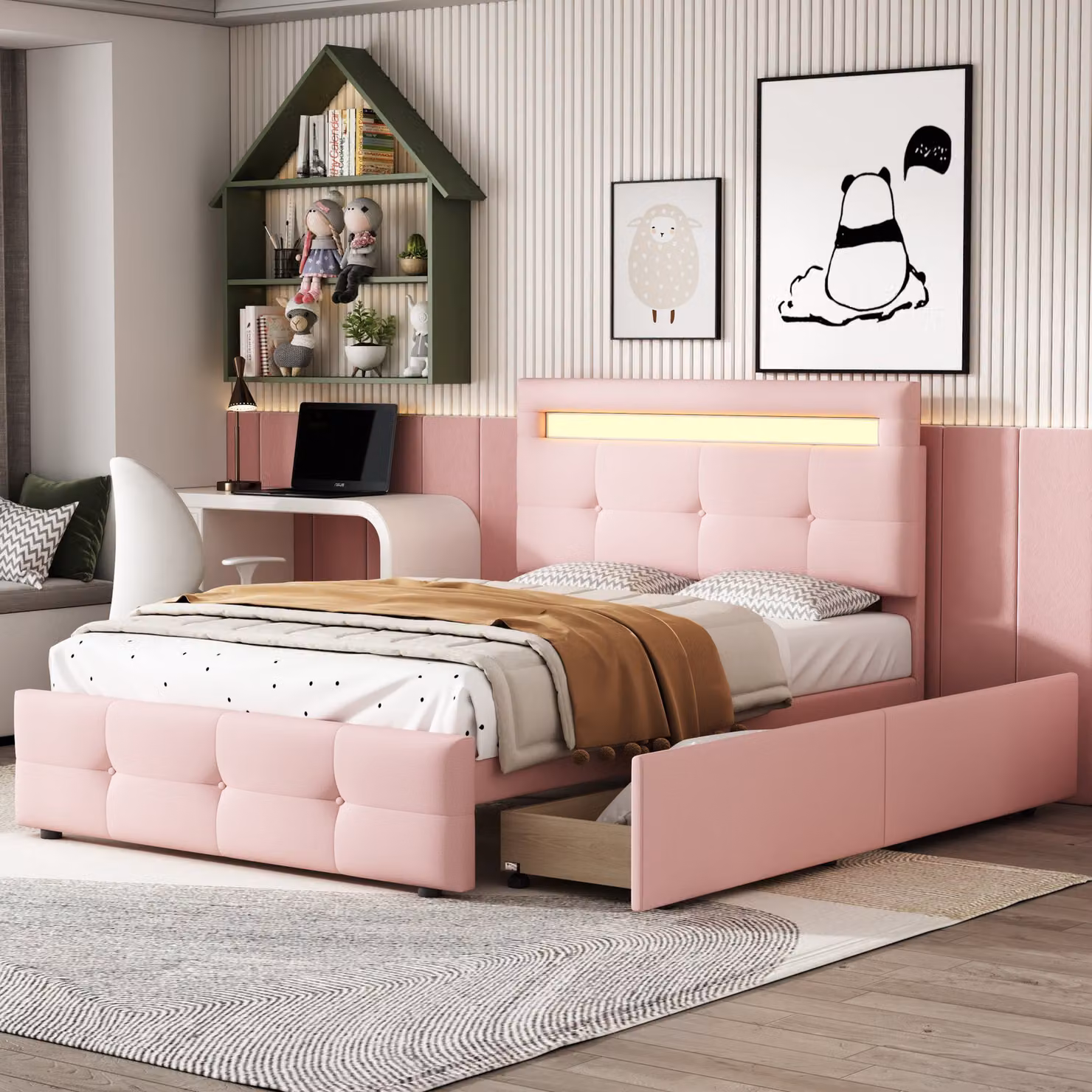 Letto imbottito Sweiko, testata regolabile con luce LED, letto singolo con 2 cassetti, biancheria, 90*200cm