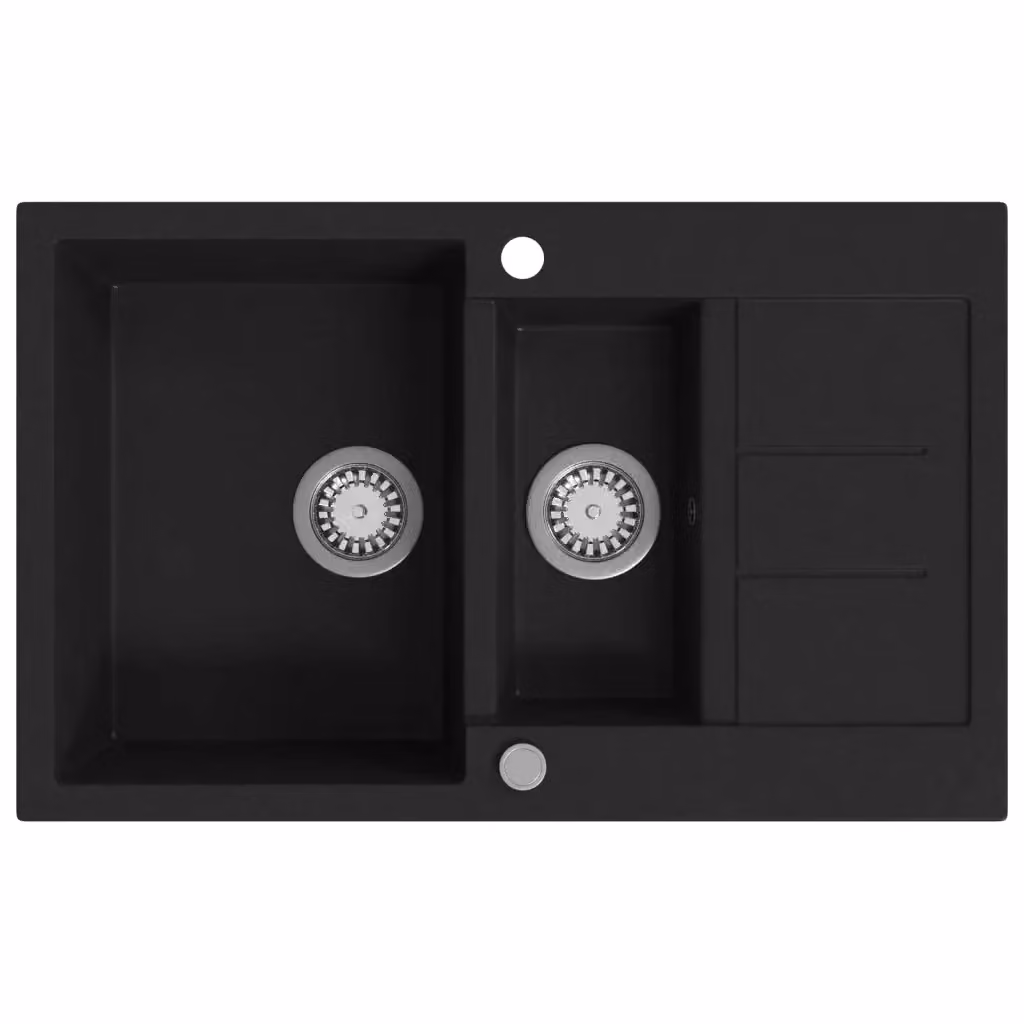 Lavello da cucina a doppia vasca in granito vidaXL colore nero L/P/H: 80,0 x 50,0 x 30,6 cm – 2